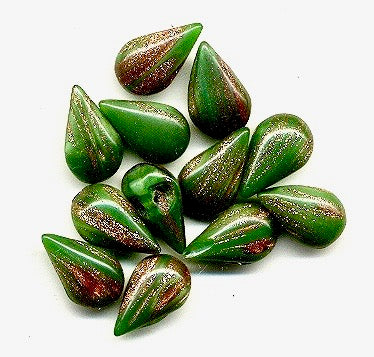 Glass Pearshape  13 x 7.8mm Green w/Gold accents  2 gross for