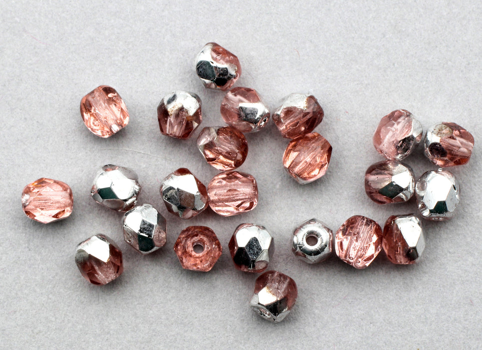 4mm Fire Polished Czech Beads - Light Rose / Silver, 1200 Beads For