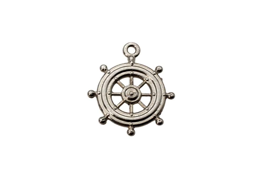 Brass Ships Wheel Charms<br>14mm Silver Plate<br>1/2 gross for