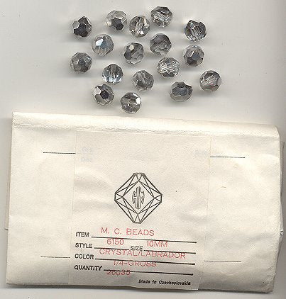 10mm Glass Beads; Crystal/Labrador 1/2 gross for